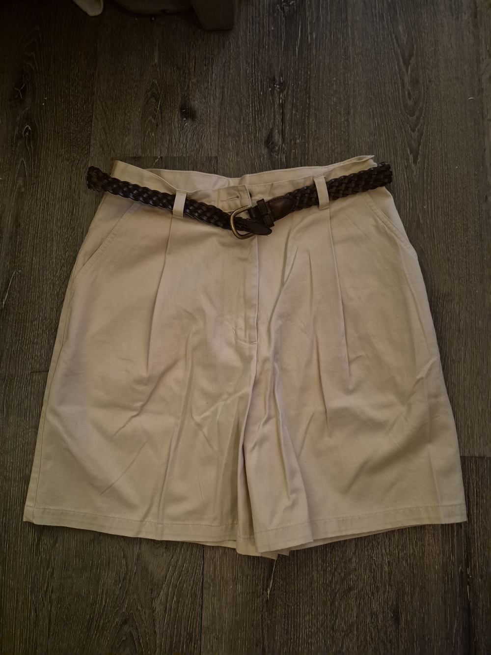 Charter Club Beige High-Waist Pleated Shorts with Braided Belt